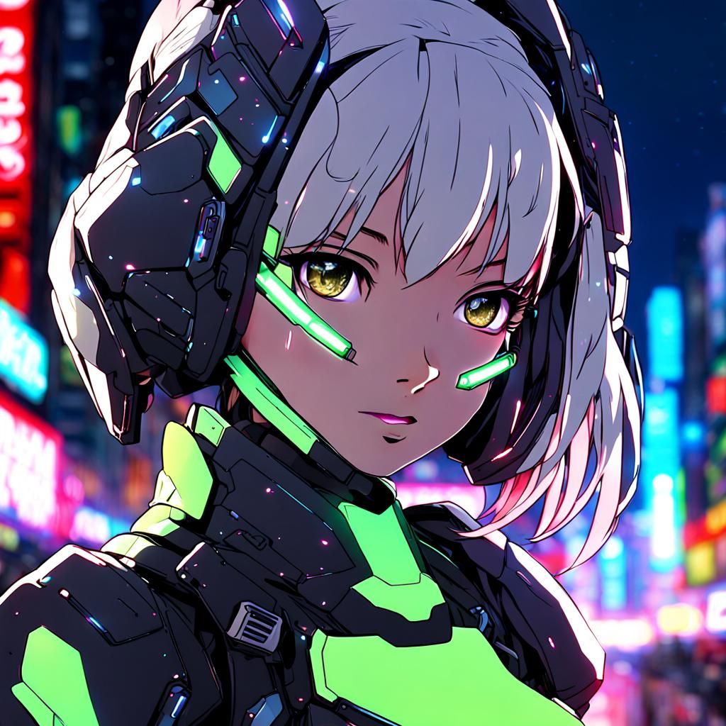 Cyborg Girl Portrait in Neon City, Anime Style