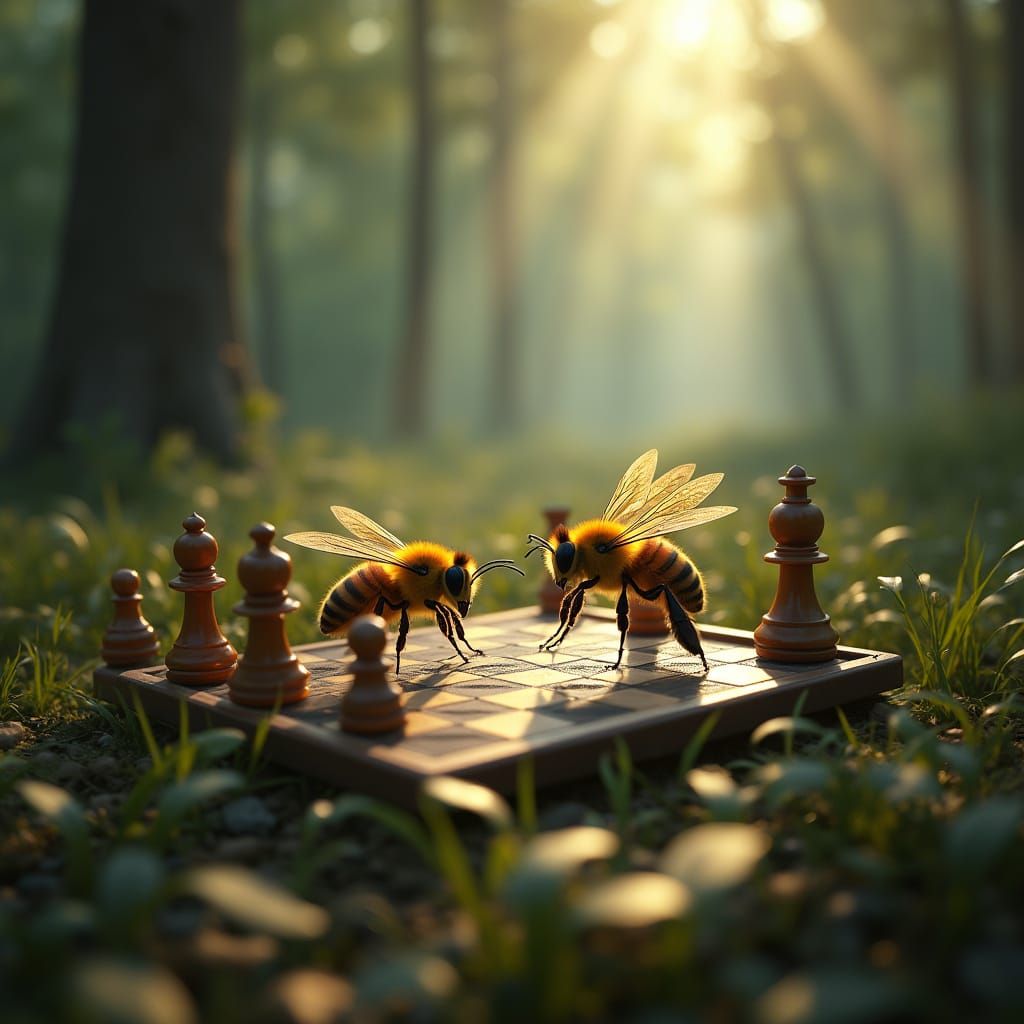 Bees Play Intense Chess in Enchanted Forest Clearing