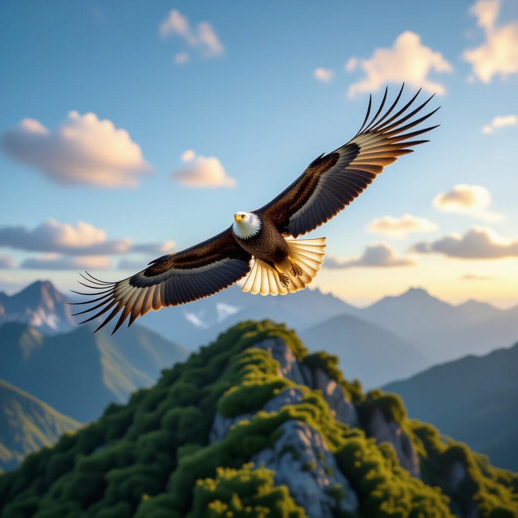 Eagle Soaring Over Lush Mountain Top Under Blue Sky