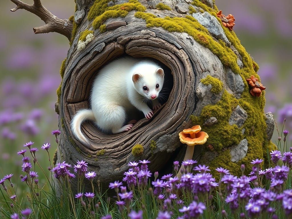 White Stoats on Mossy Trunk in Purple Heath Meadow
