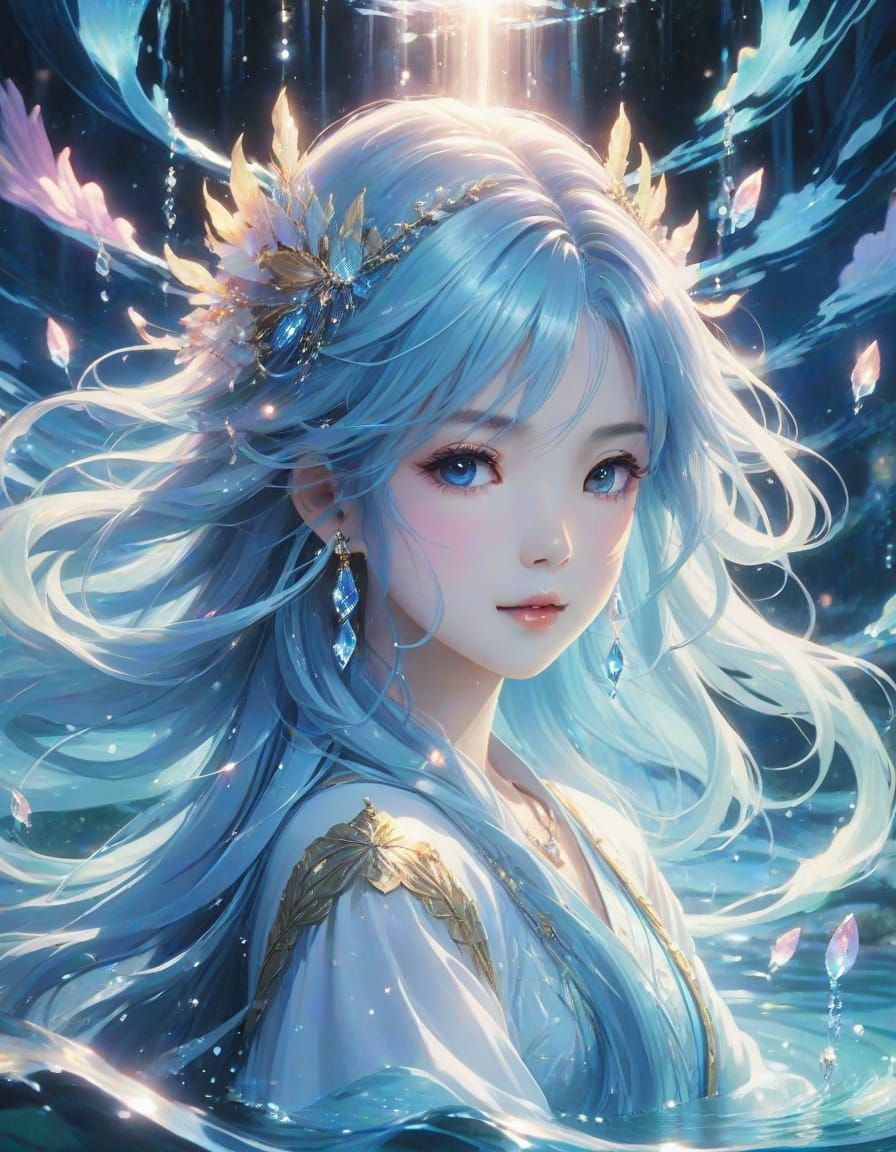 Anime Water Spirit Portrait with Crystal Jewelry