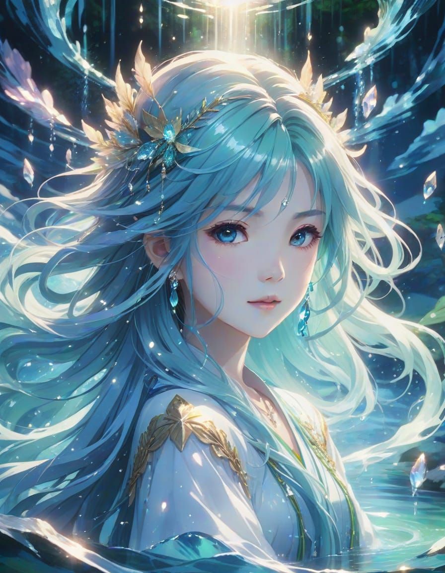 Ethereal Water Spirit Anime Portrait in Cel-Shading