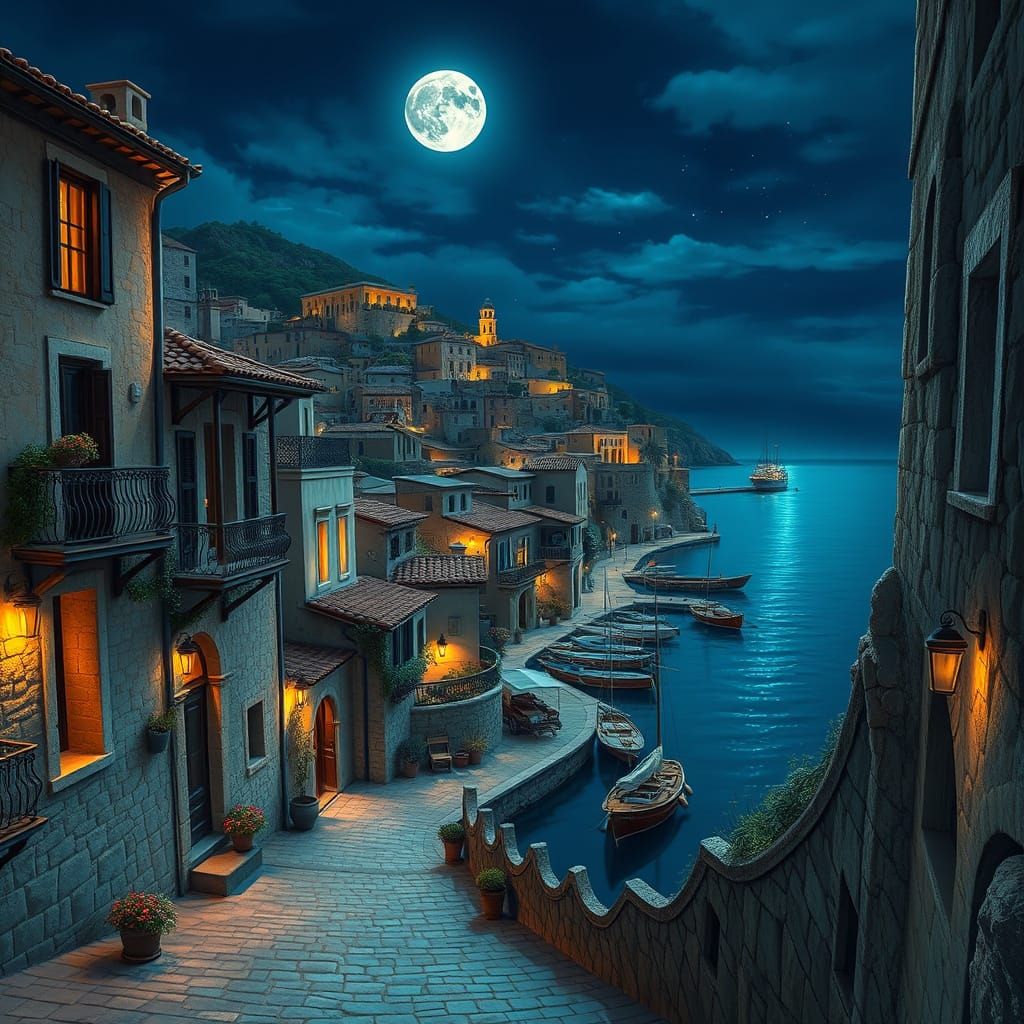 Mediterranean Coastal Village at Night in Digital Art Style