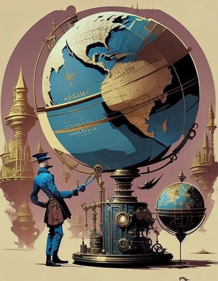 Steampunk Alchemist with Ornate Globe in Detailed Etching St...