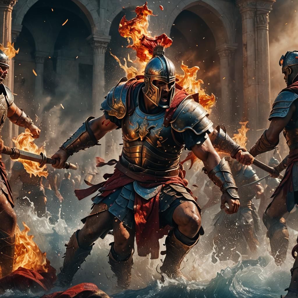 Gladiator Battle in Fire, Blood, and Smoke