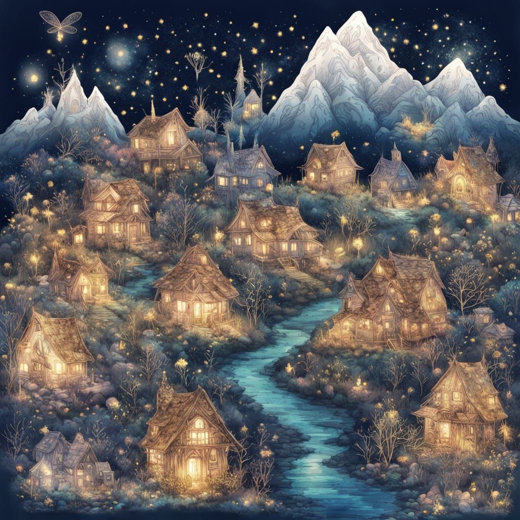 Ethereal Fairy Village Under Starry Sky