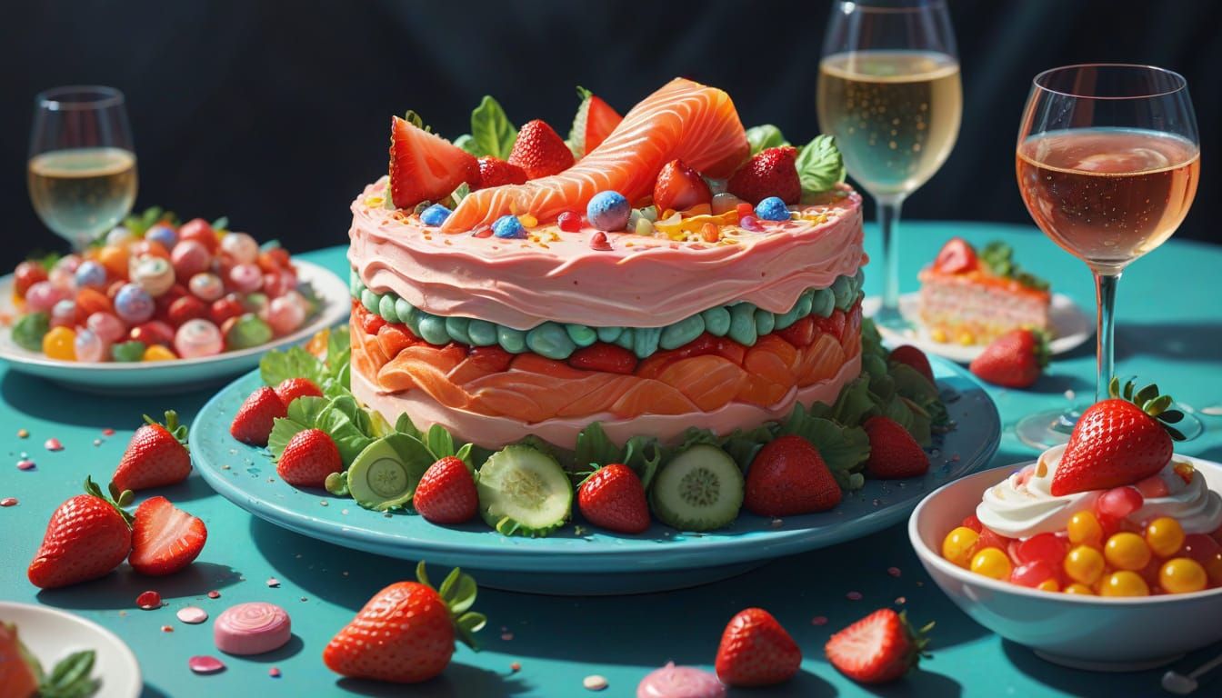Whimsical Candyland Feast: Salmon, Salad, Cake & Champagne