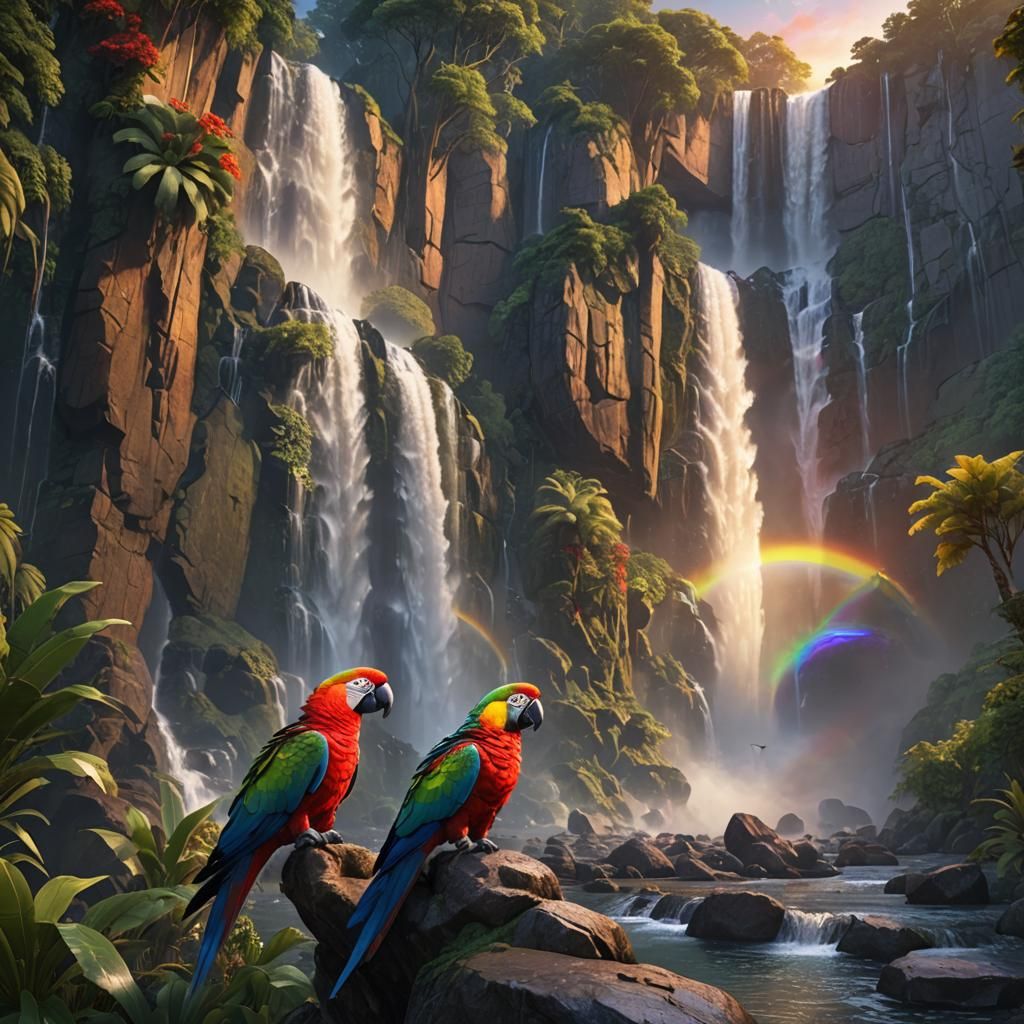 Rainbow Parrot at Sunset Waterfall: Fantasy Art