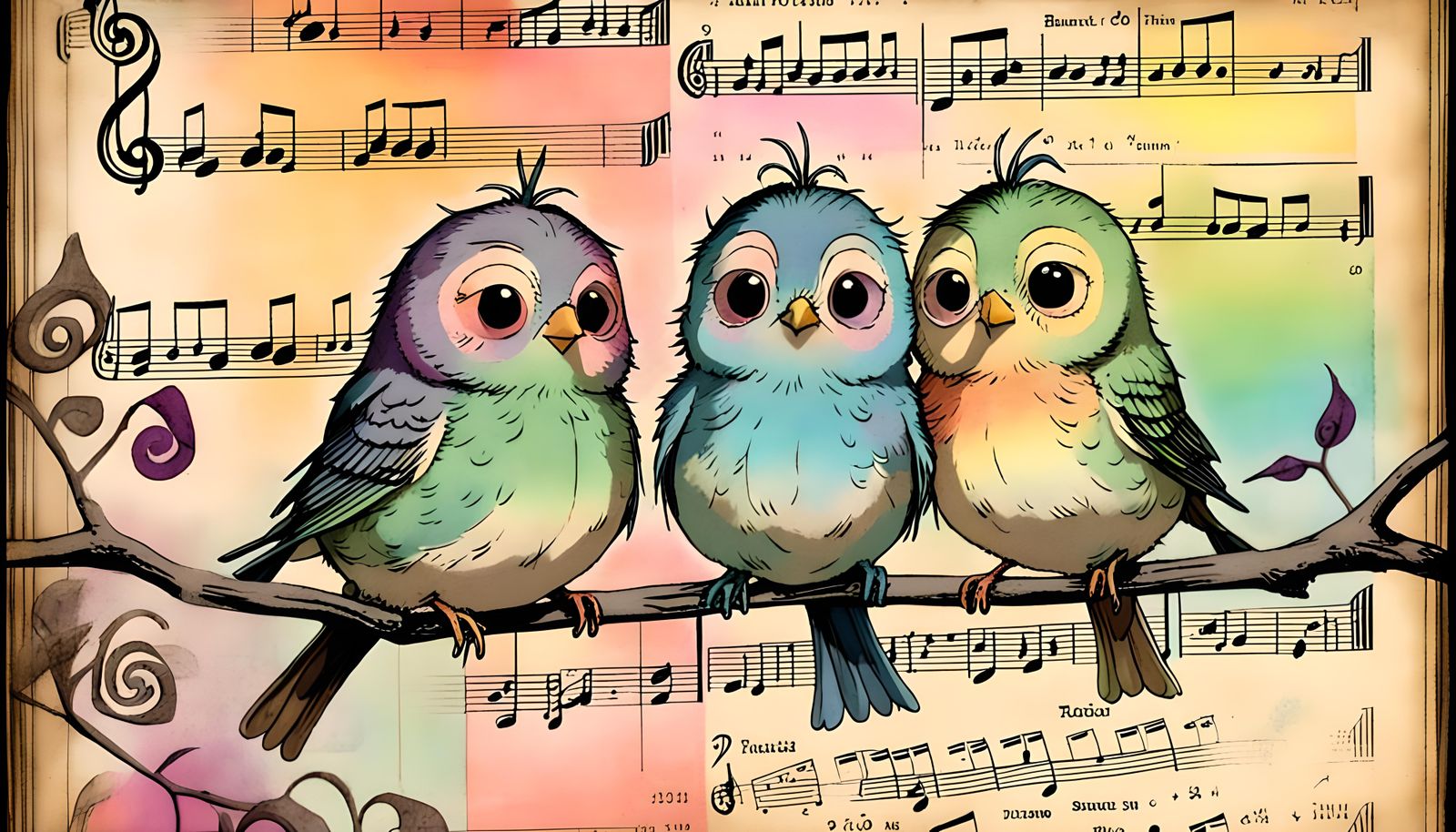 Creepy Adorable Songbirds with Vintage Sheet Music Overlay