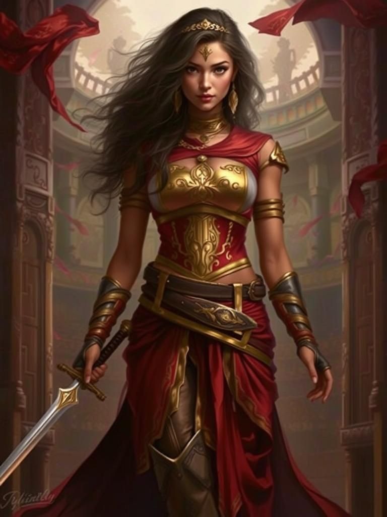 Warrior Princess in Red and Gold, Fantasy Art