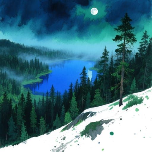 Taiga Forest Mountain Landscape with Moonlit Lake