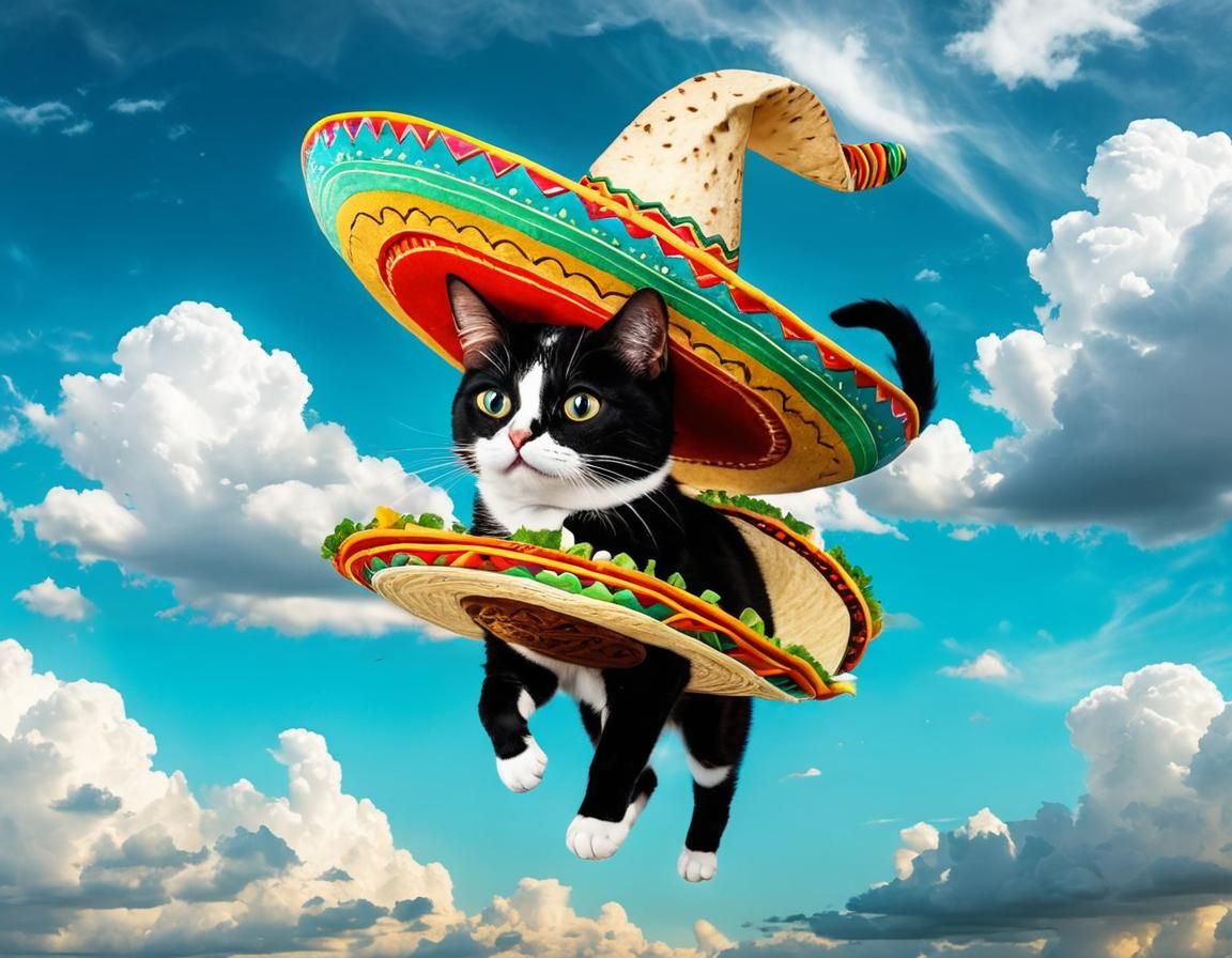 Whimsical Flying Cat-Taco Hybrid with Sombrero