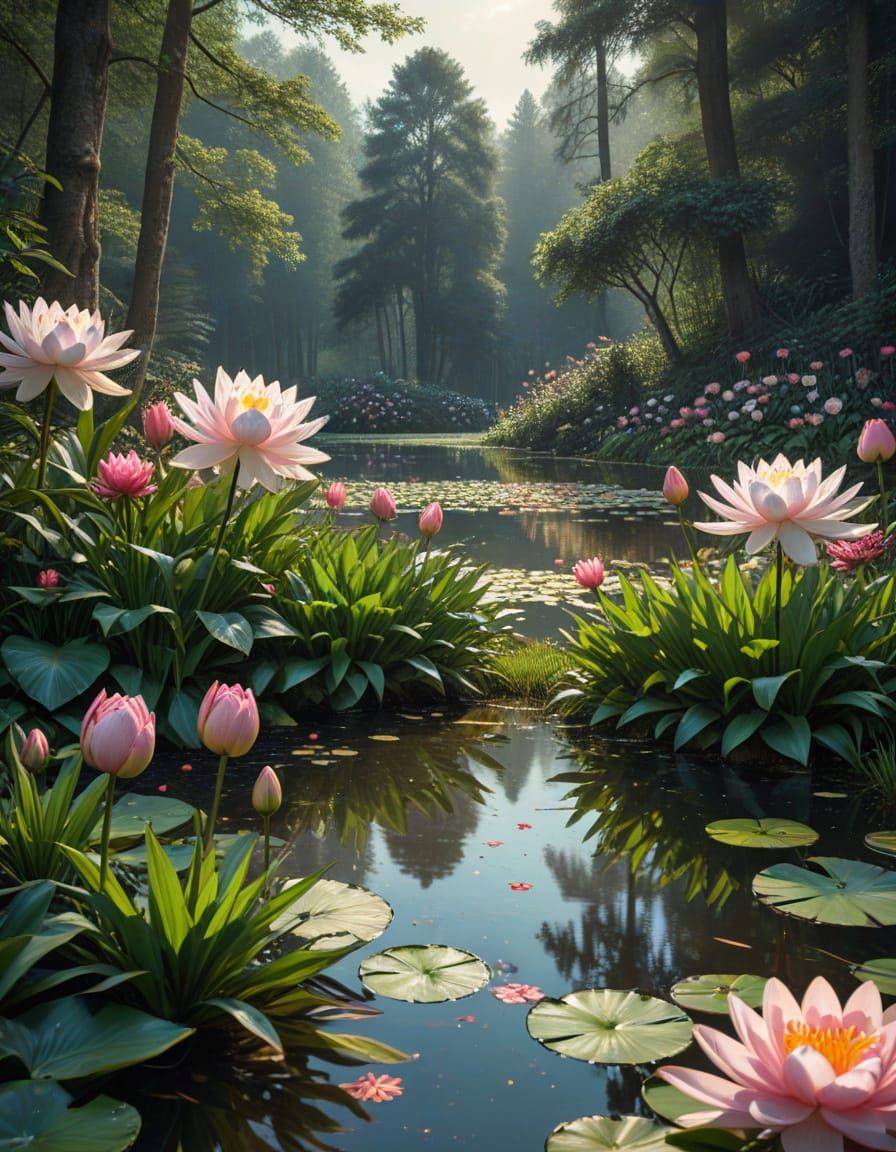 Garden Oasis with Lotus Pond and Fantastical Forest