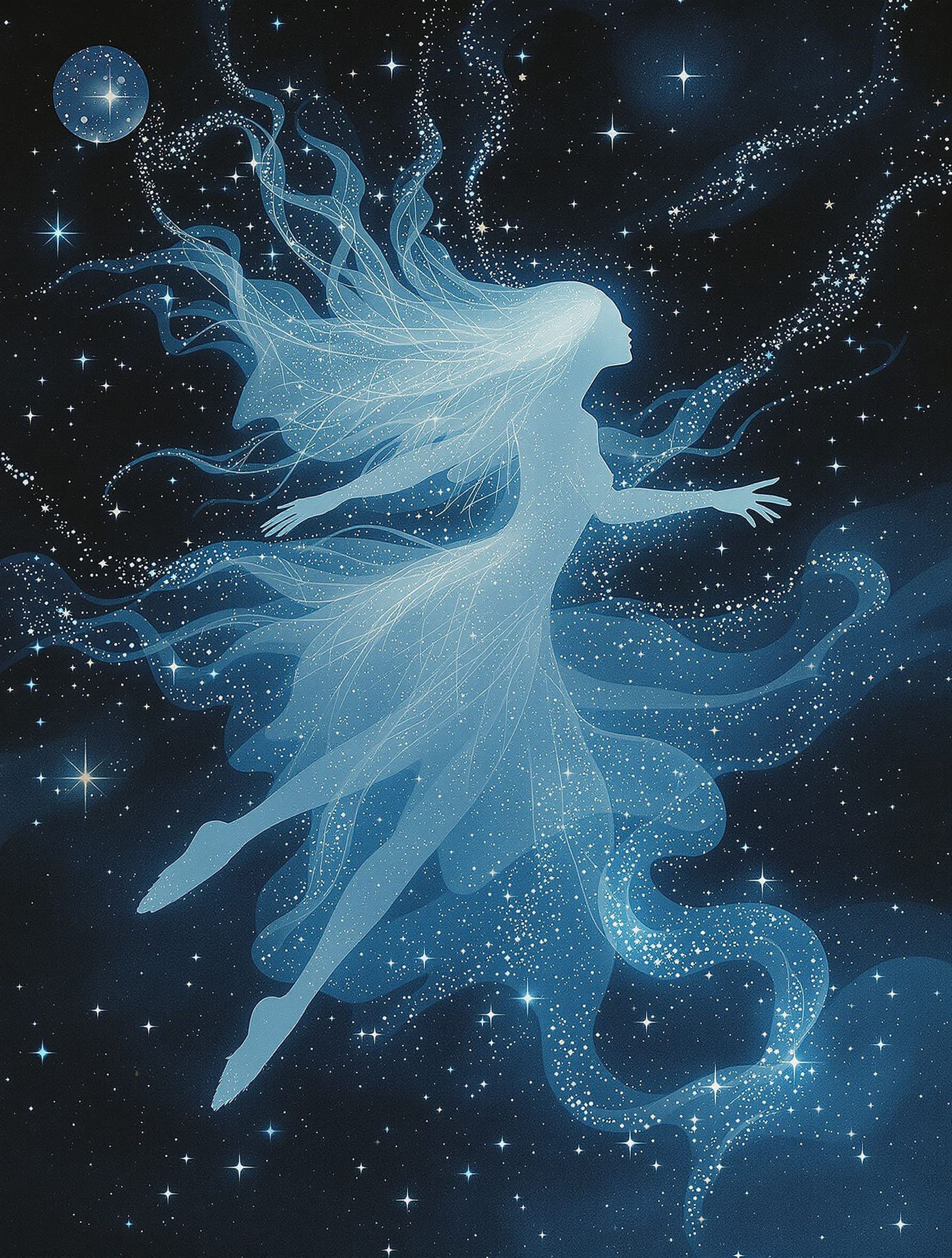 Moonlight Being Drifts Through Starlit Dreamscape