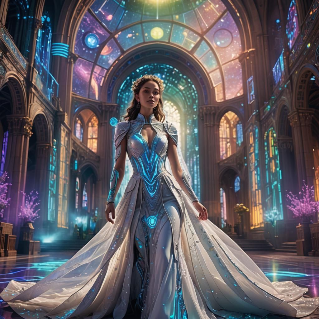 Futuristic Bride in High-Tech Cathedral, Digital Art