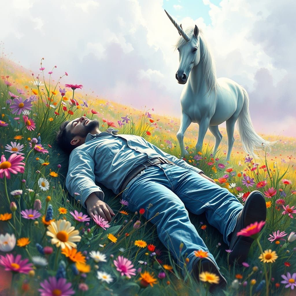 Unicorn Guardian in Flower Field, Digital Painting
