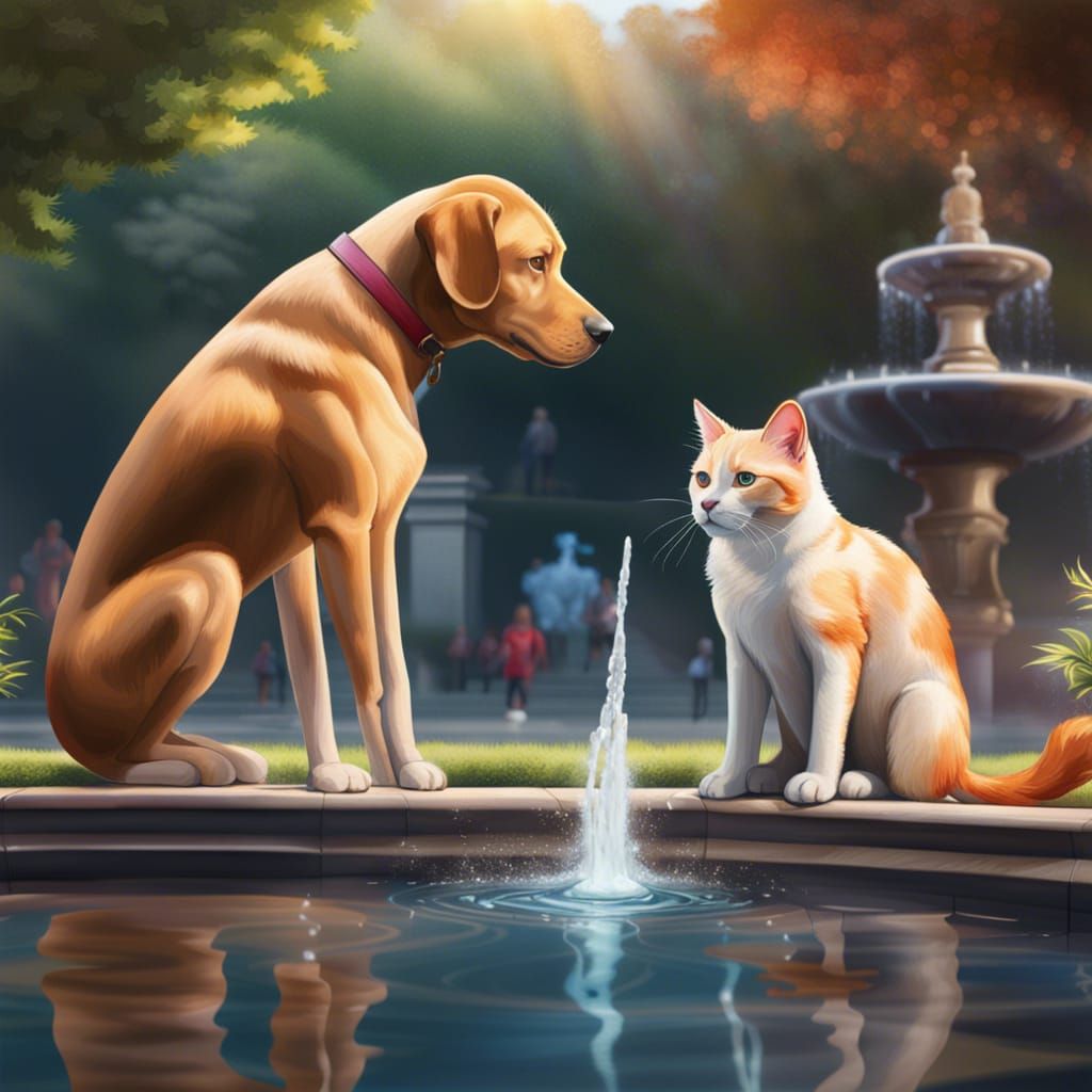 Realistic Dog and Cat by Fountain in Park