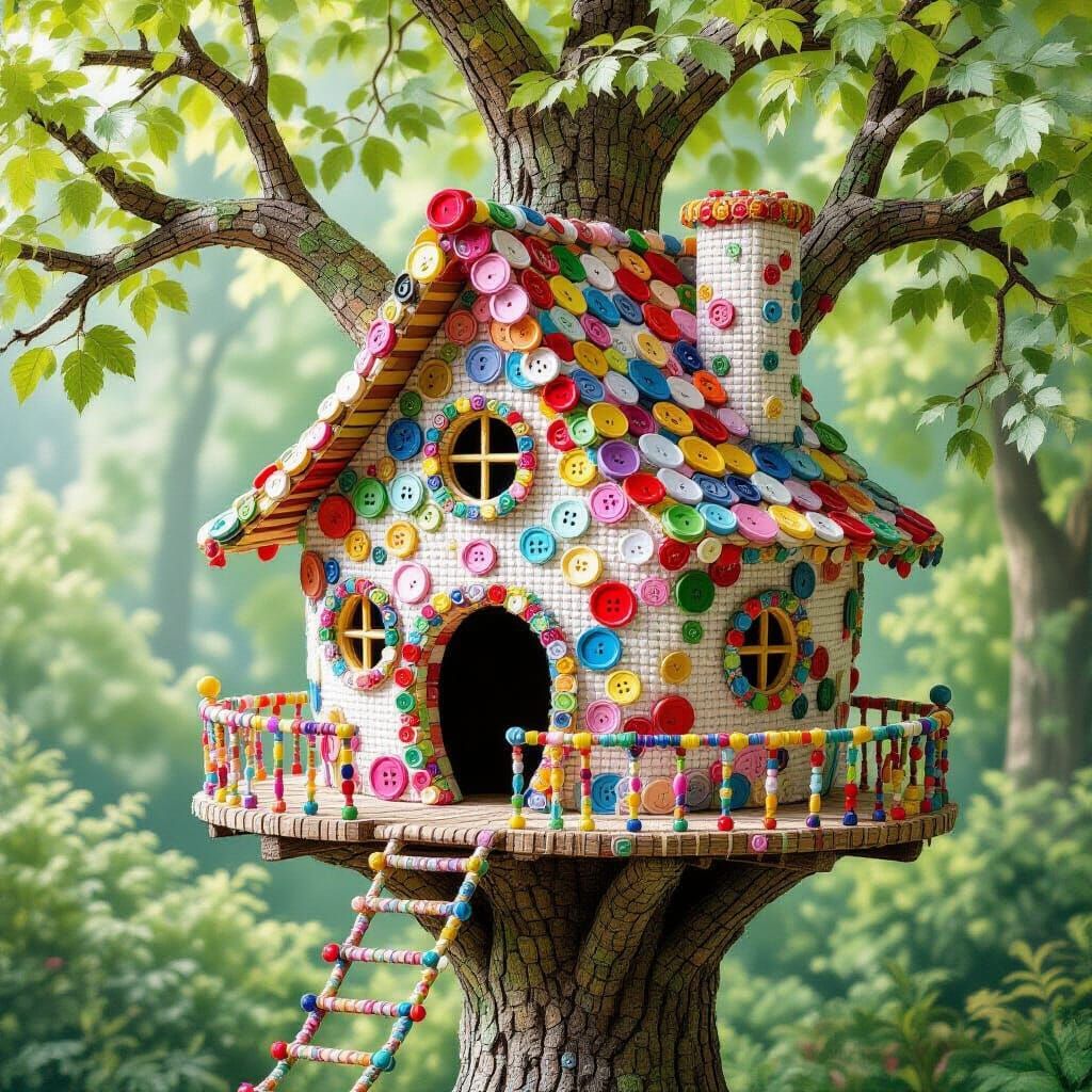 Whimsical Button and Bead Treehouse in Fantasy Forest