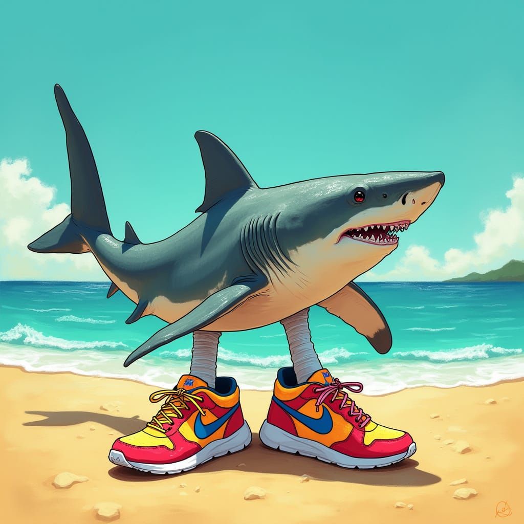 Fierce Shark Stands Out in Vibrant Nike Shoes on Golden Beac...