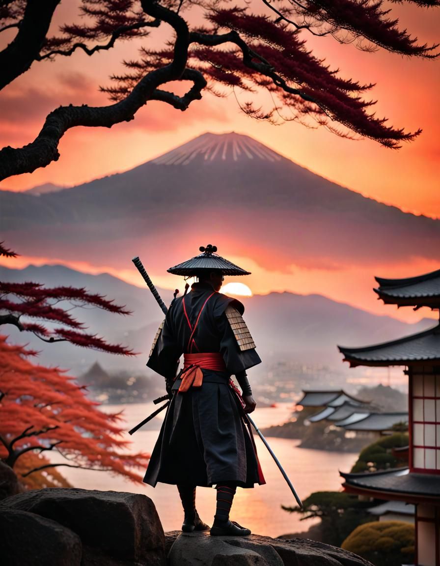 Samurai Silhouette Overlooking Fiery Sunset in Japan