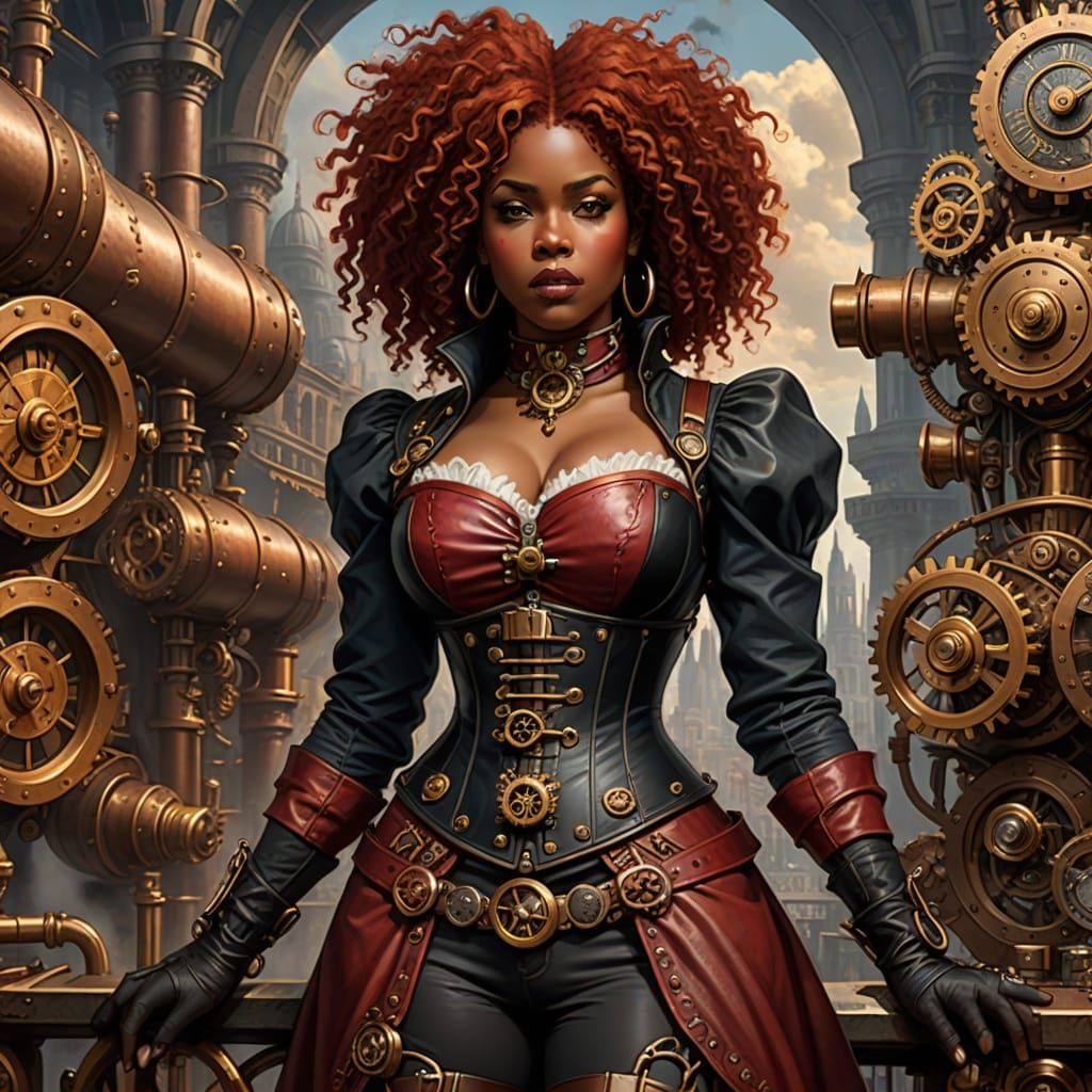 Steampunk Woman in Clockwork City with Dramatic Lighting