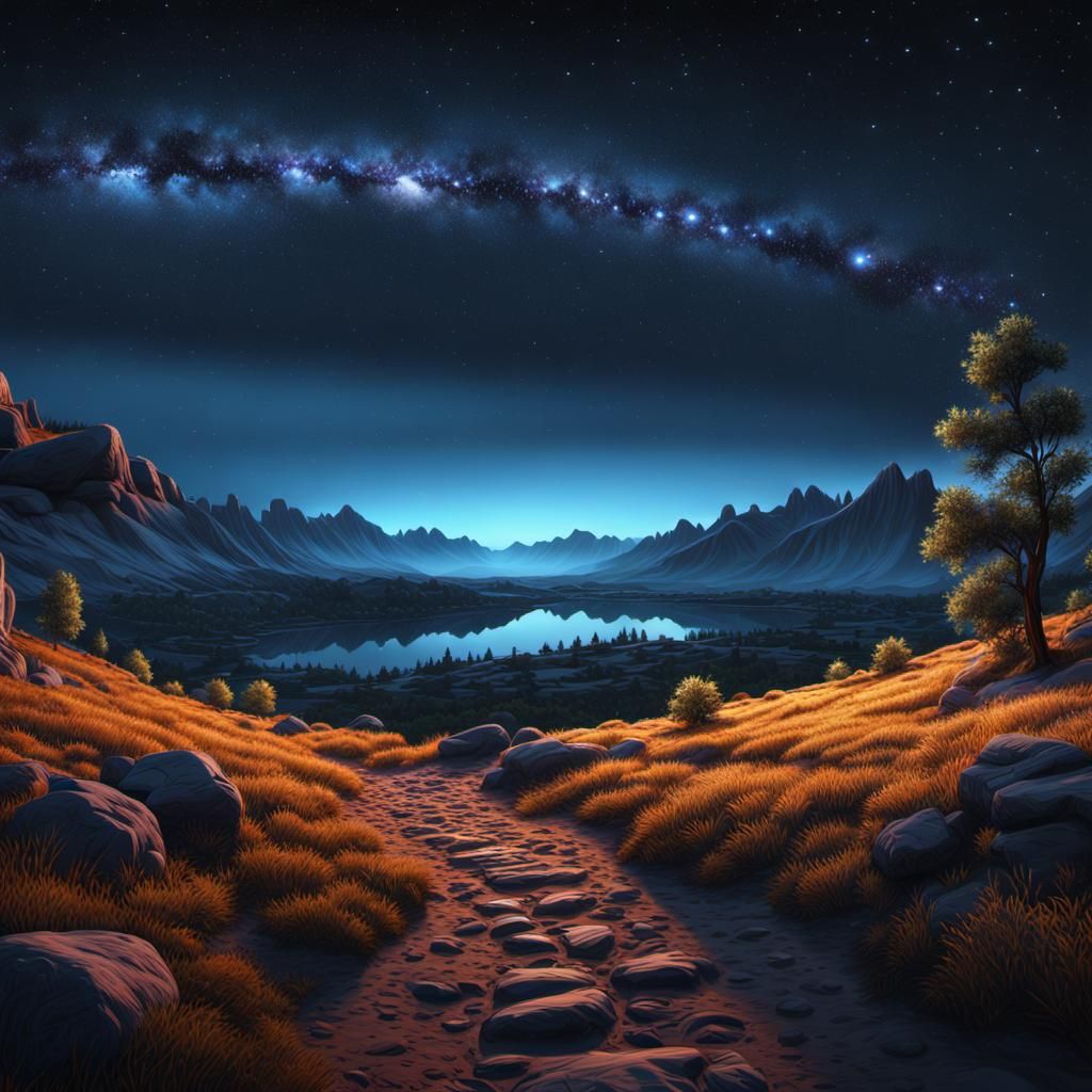 Photorealistic Night Landscape with Bright Stars