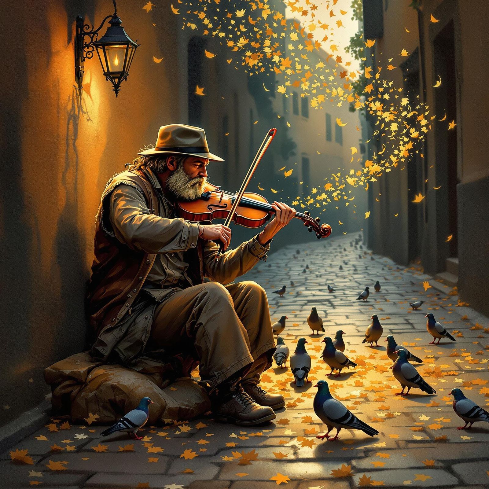 Violinist Plays in Alleyway as Impressionist Painting
