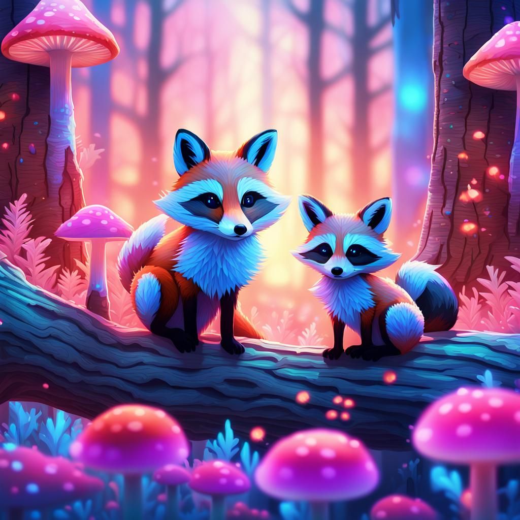 Fox and Raccoon in Surreal Glowing Mushroom Forest