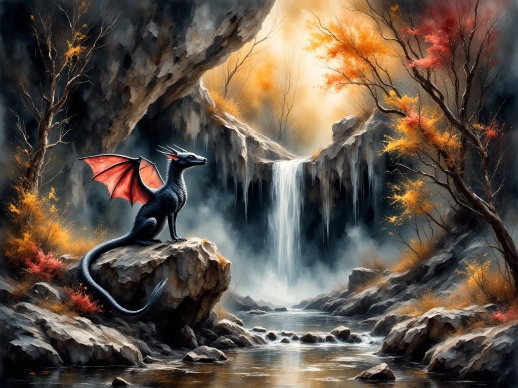 Whimsical Autumn Dragon by Waterfall