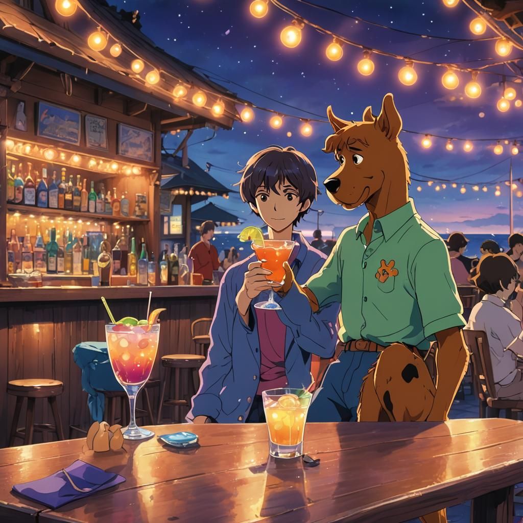 Scooby Doo at Seaside Bar in Anime Watercolor