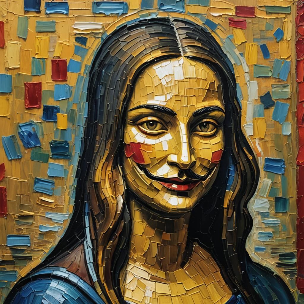 Mona Lisa in Guy Fawkes Mask, Neo-Impressionist Oil Painting