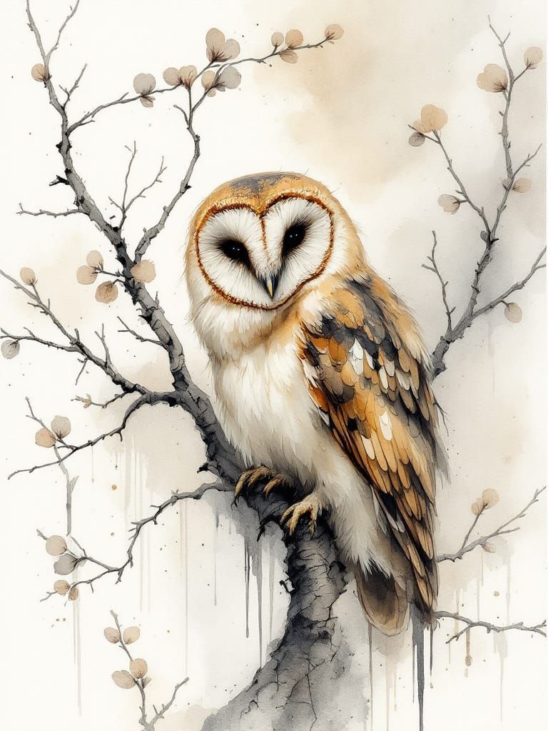 Ethereal Barn Owl in Watercolor Hygge Style