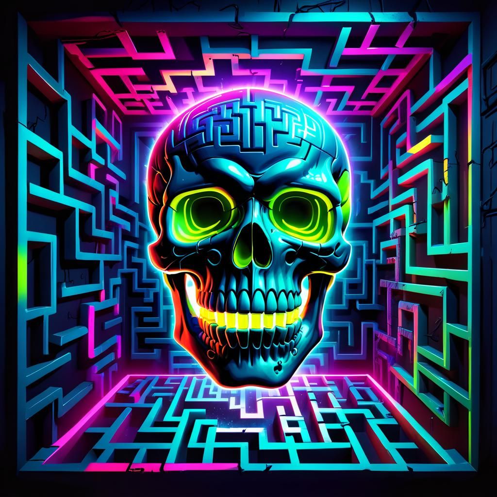 Neon Horror Skull in Infinite Maze