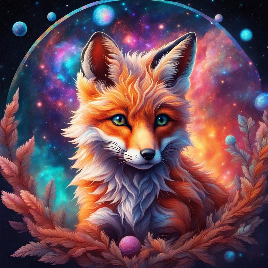 Holographic Fox Pup in Cosmic Astral Illustration
