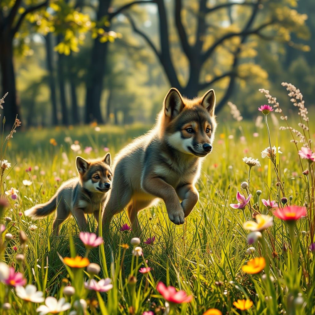 Wolf Pups Dance in Whimsical Meadow