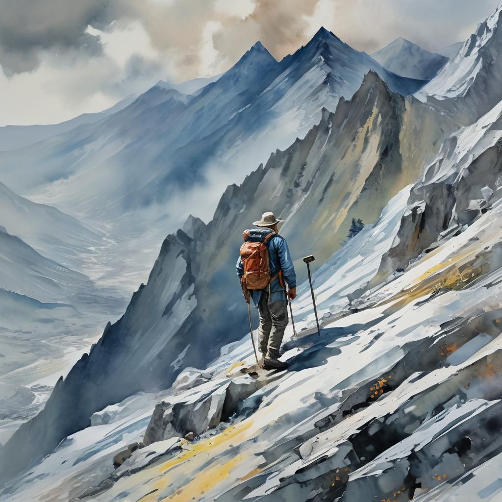 Man on Mountain in Gouache Impressionist Style