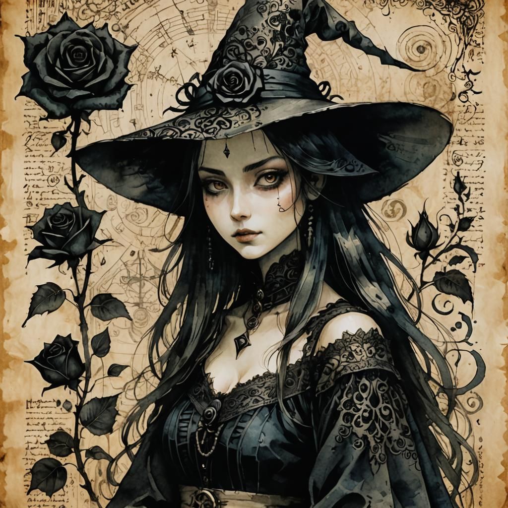 Young Witch with Black Roses on Papyrus