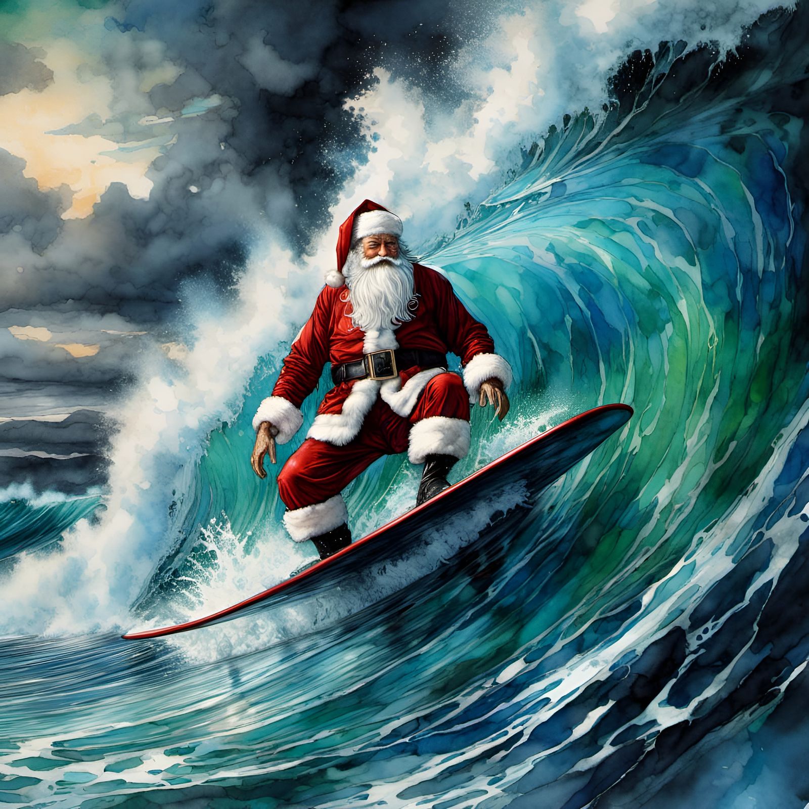 Santa Surfing Tsunami Wave: Digital Rendering