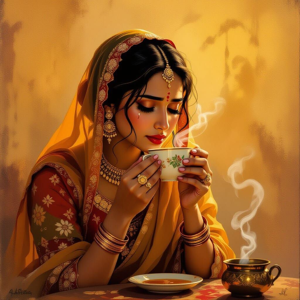 Contemplative Woman Sipping Chai in Golden Light