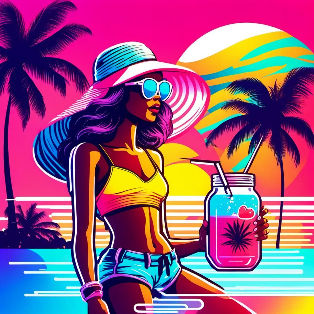 Synthwave Girl with Coconut Water on Maldives Beach