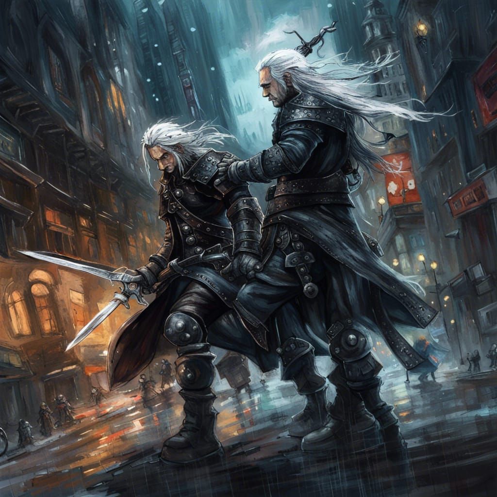 Epic Street Battle: Sephiroth and Geralt in Rackham Style
