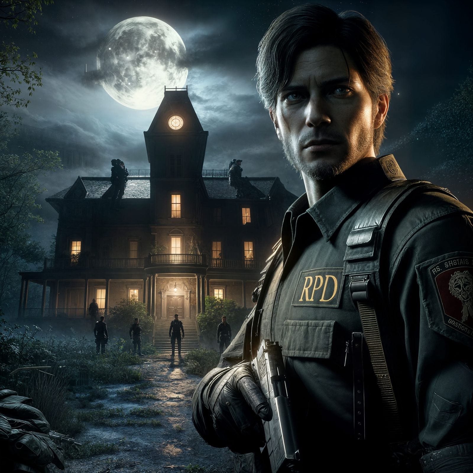 Survival Horror Character at Ominous Mansion Entrance