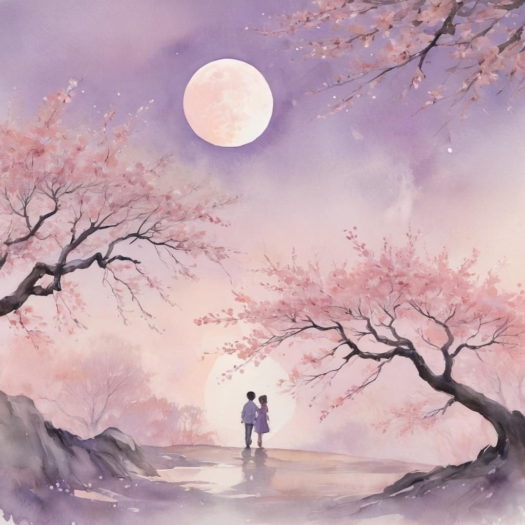 Whimsical Watercolor Sakura Landscape with Silhouetted Child...