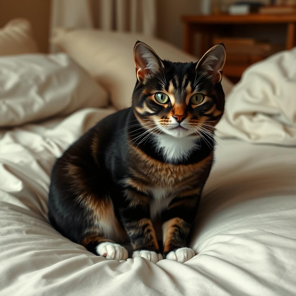 Realistic Tabby Cat Portrait on Plush Bed