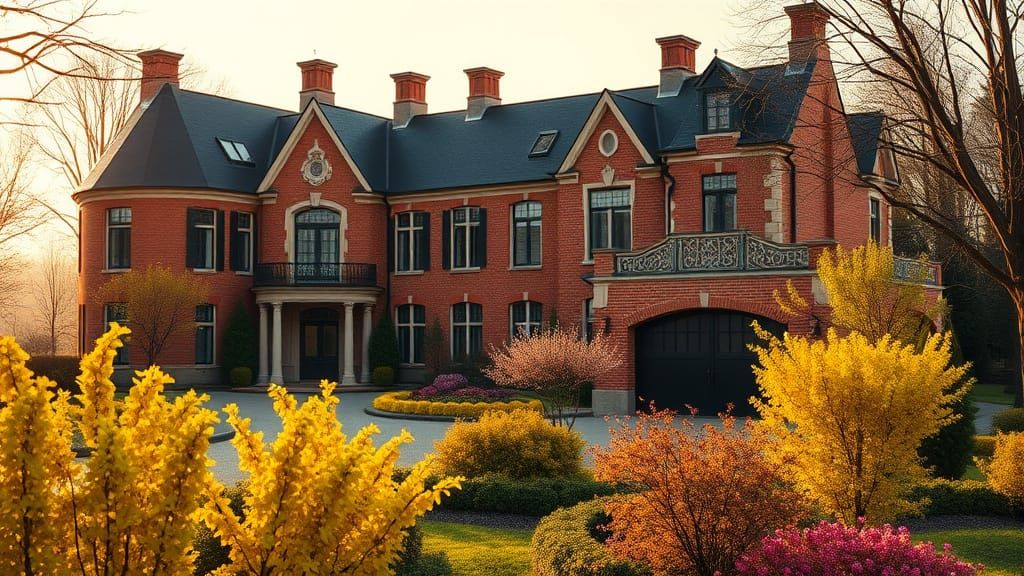 Grand Chateau in Golden Hour Light with Flourishing Spring G...