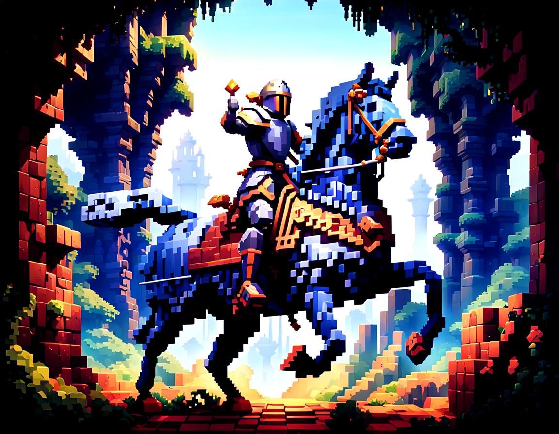 Pixel Art Knight Rides Through Ancient Ruins