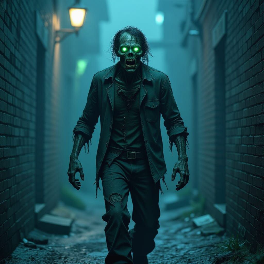 Zombie in Dark Alleyway with Glowing Eyes