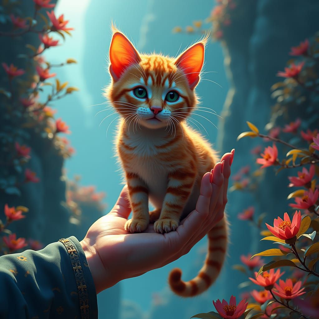 Tiny Cat in Lush Fantasy Landscape