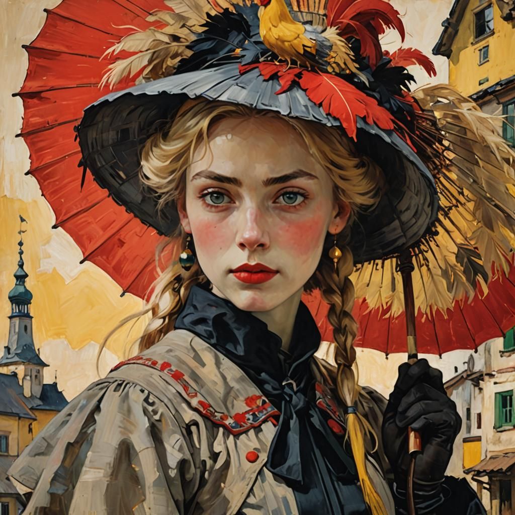 Expressionist Portrait of Russian Girl with Red Parasol