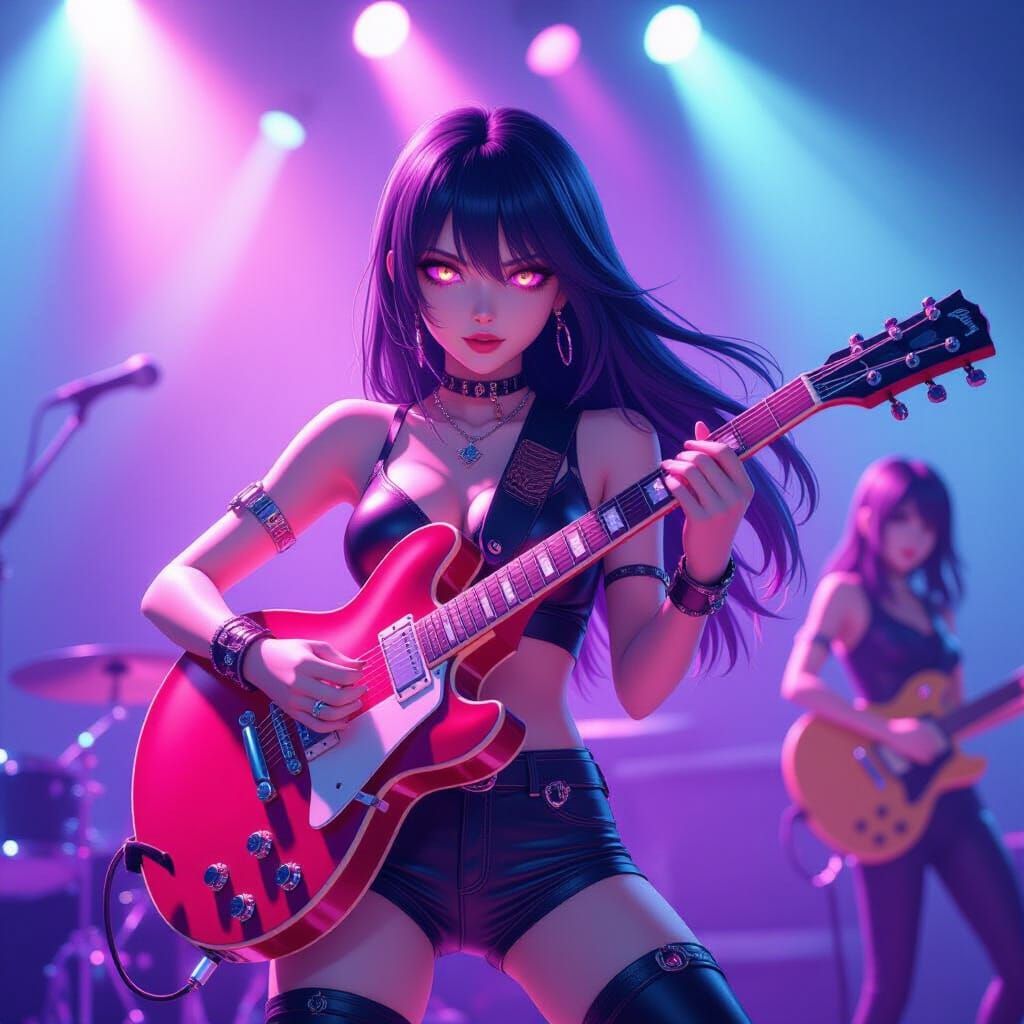 Neon-Eyed Guitarist Rocks Concert Stage in 3D Anime Style